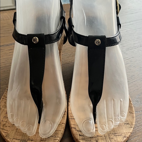 Lauren Ralph Lauren Rosalia T-strap Black Patent  Thong Cork Wedge Sandal - Picture 2 of 8
